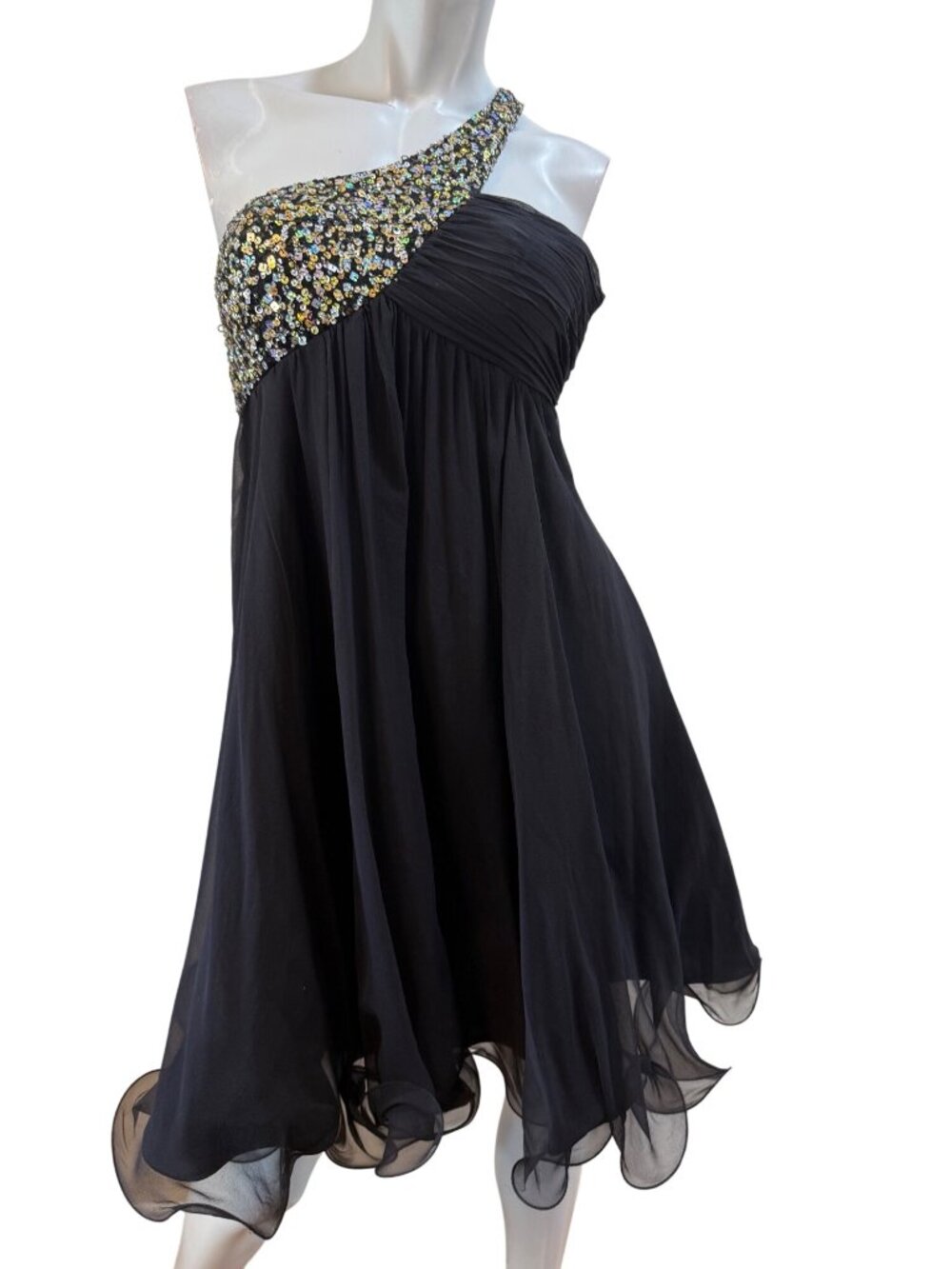 JOVANI Vintage 100% Silk Sequin One Shoulder Cocktail Mini Dress Sz 2/4